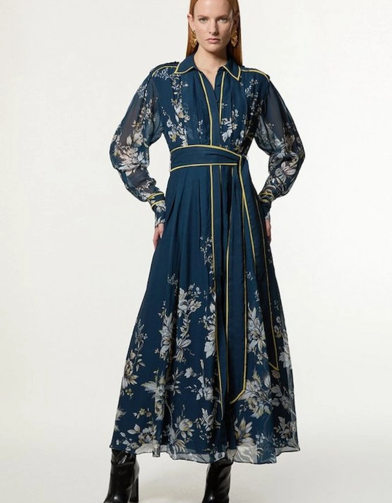 Border Print Viscose Piped Woven Shirt Balloon Sleeve Maxi Dress