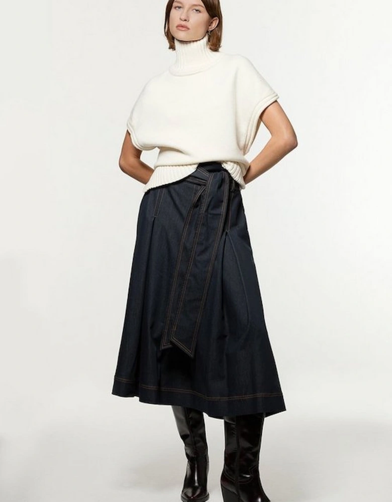 Tailored Denim Full Skirted Belted Midaxi Skirt