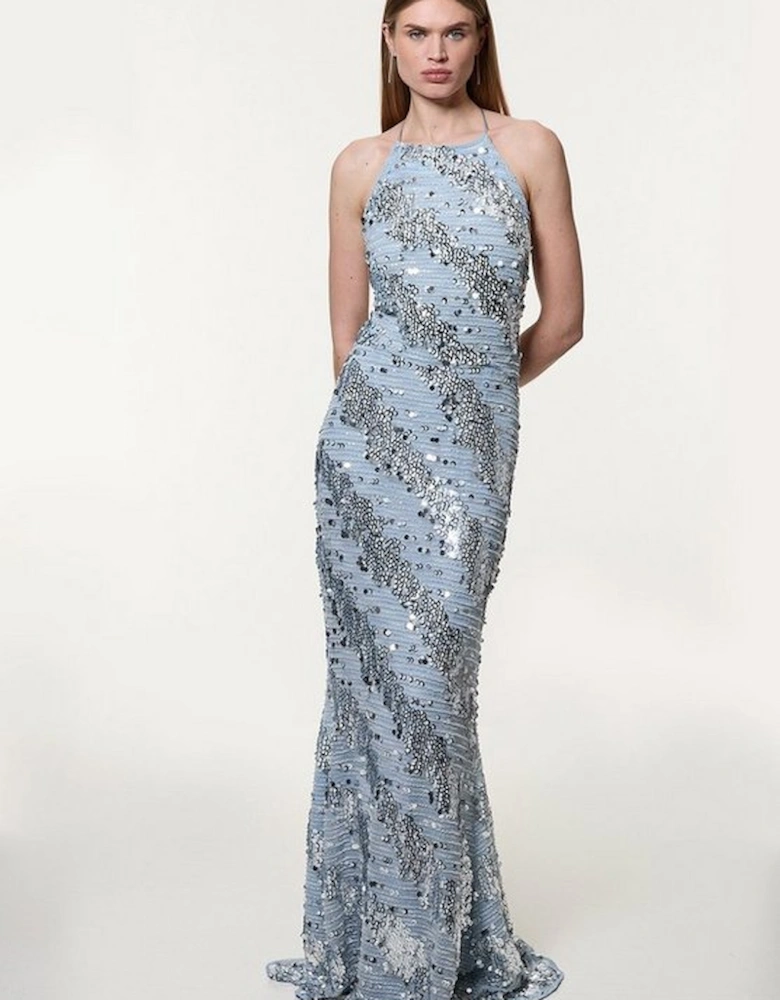 Placed Sequin Fishtail Maxi Dress