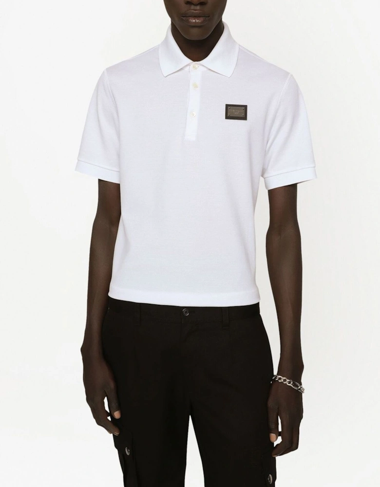 Silver Plaque Logo Polo in White