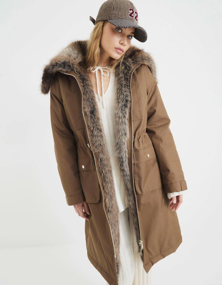 Faux Fur Lined Parka - Dark Khaki