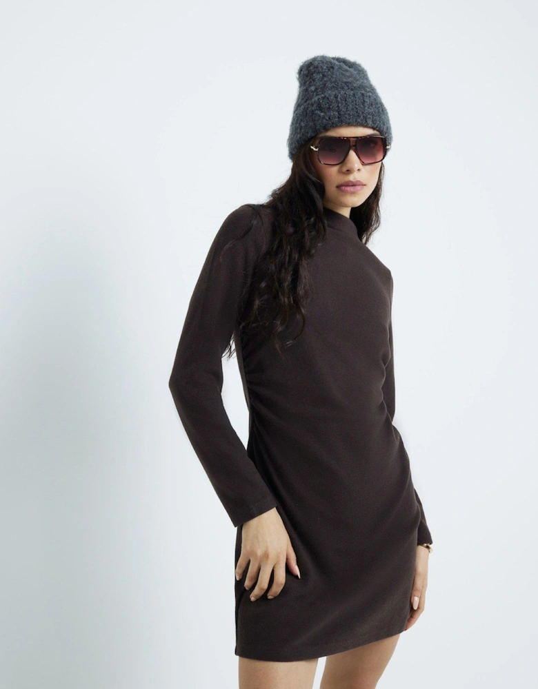 Cosy Ruched Mini Dress - Dark Brown