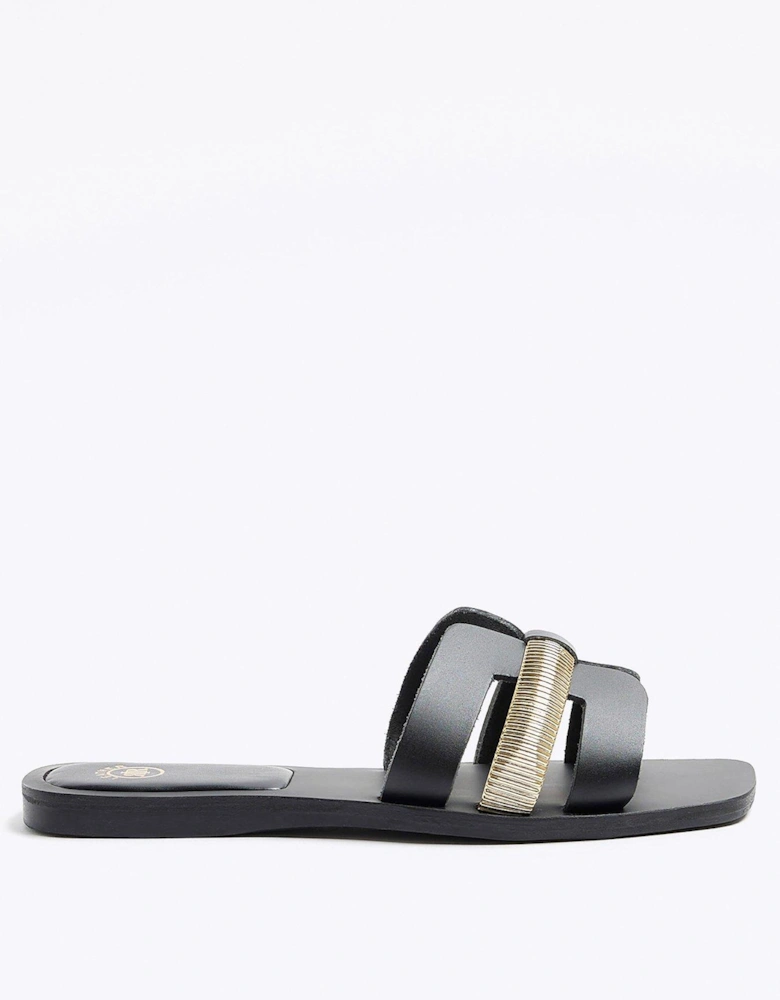 Cut Out Strap Leather Sandal - Black