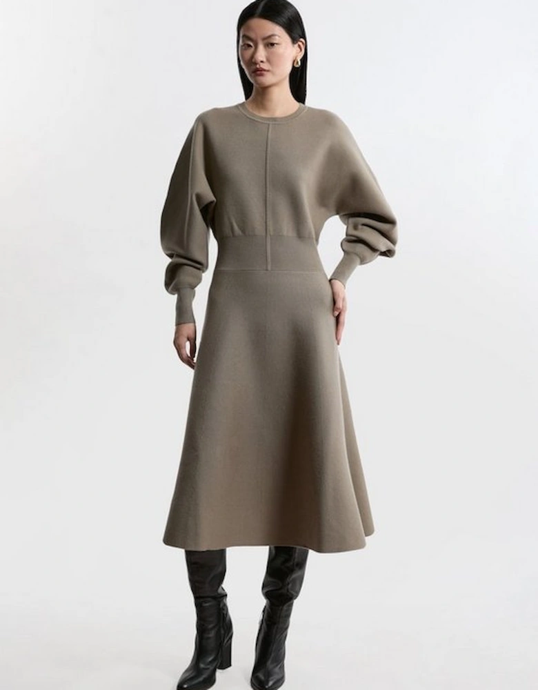 Compact Wool Look Milano Knit Round Sleeve Midi Dress