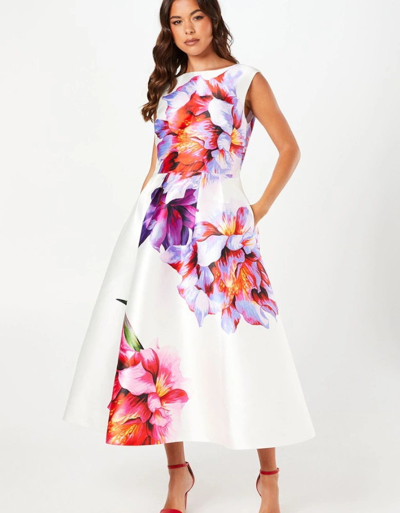 Pocket Satin Twill Placement Print Midi Dress