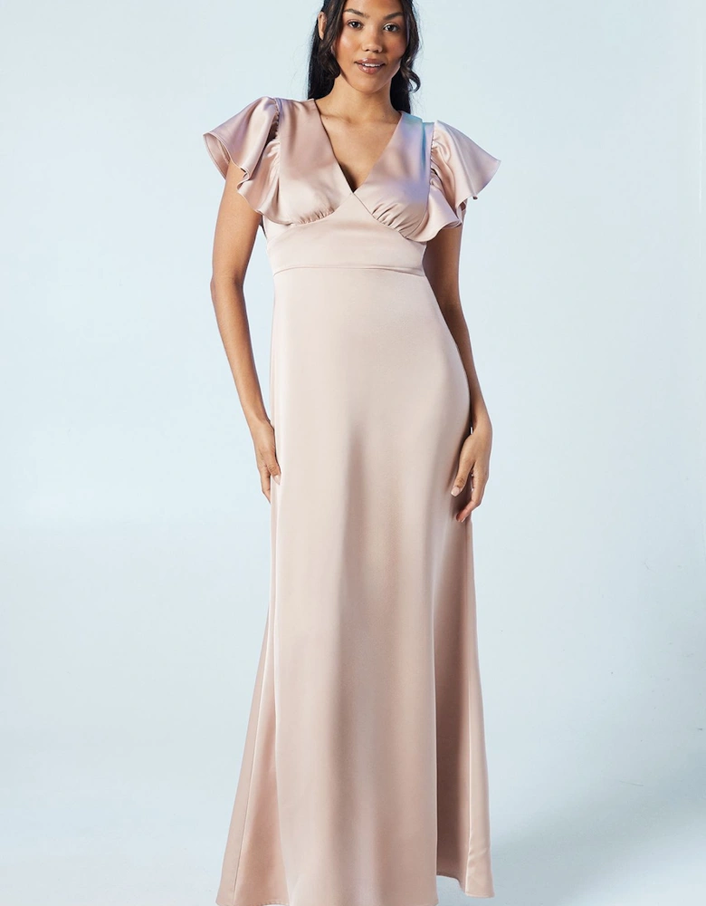 V Neck Waist Detail Satin Bridesmaids Dress