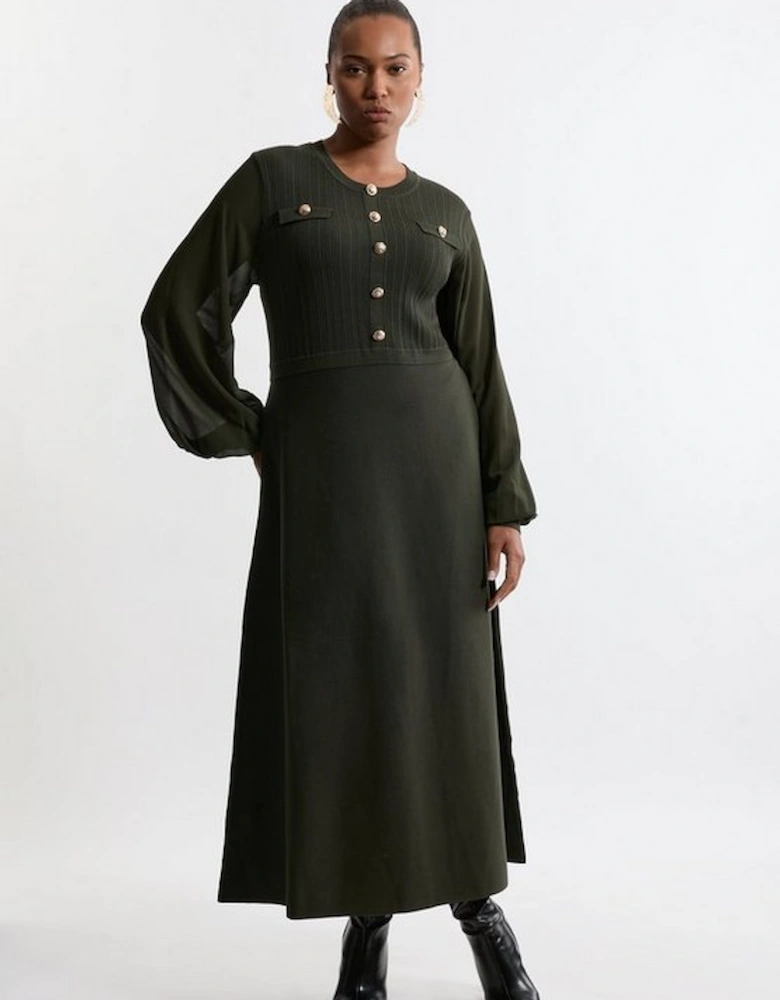 Plus Size Viscose Blend Maxi Knit Dress With Chiffon Sleeve Military Trim