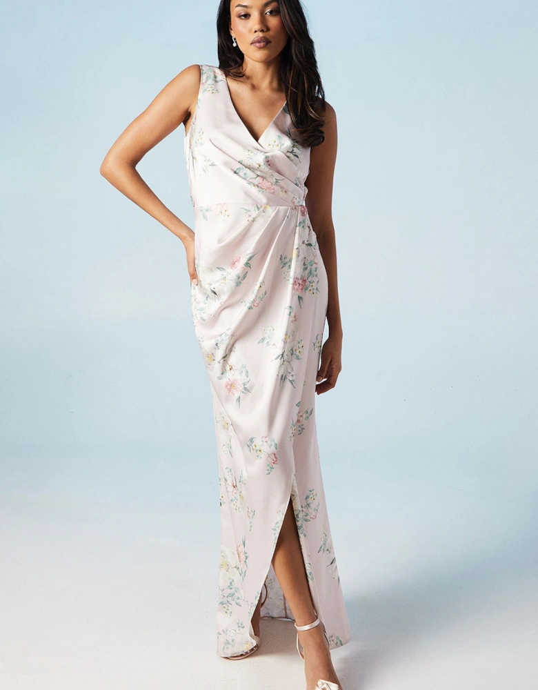 Spring Posy Printed Satin Ruche Waist Bridesmaids Dress