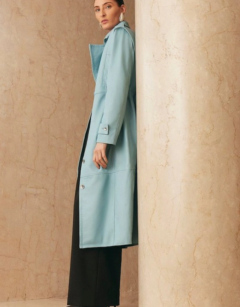 Leather Strong Shoulder Belted Midi Trench Coat