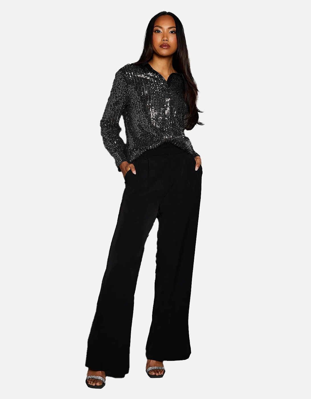 Womens/Ladies Sequins Contrast Collar Shirt