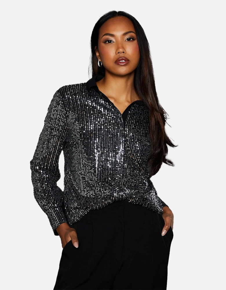 Womens/Ladies Sequins Contrast Collar Shirt