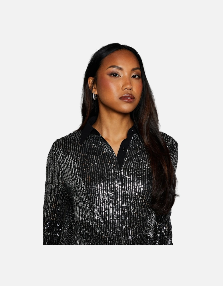 Womens/Ladies Sequins Contrast Collar Shirt