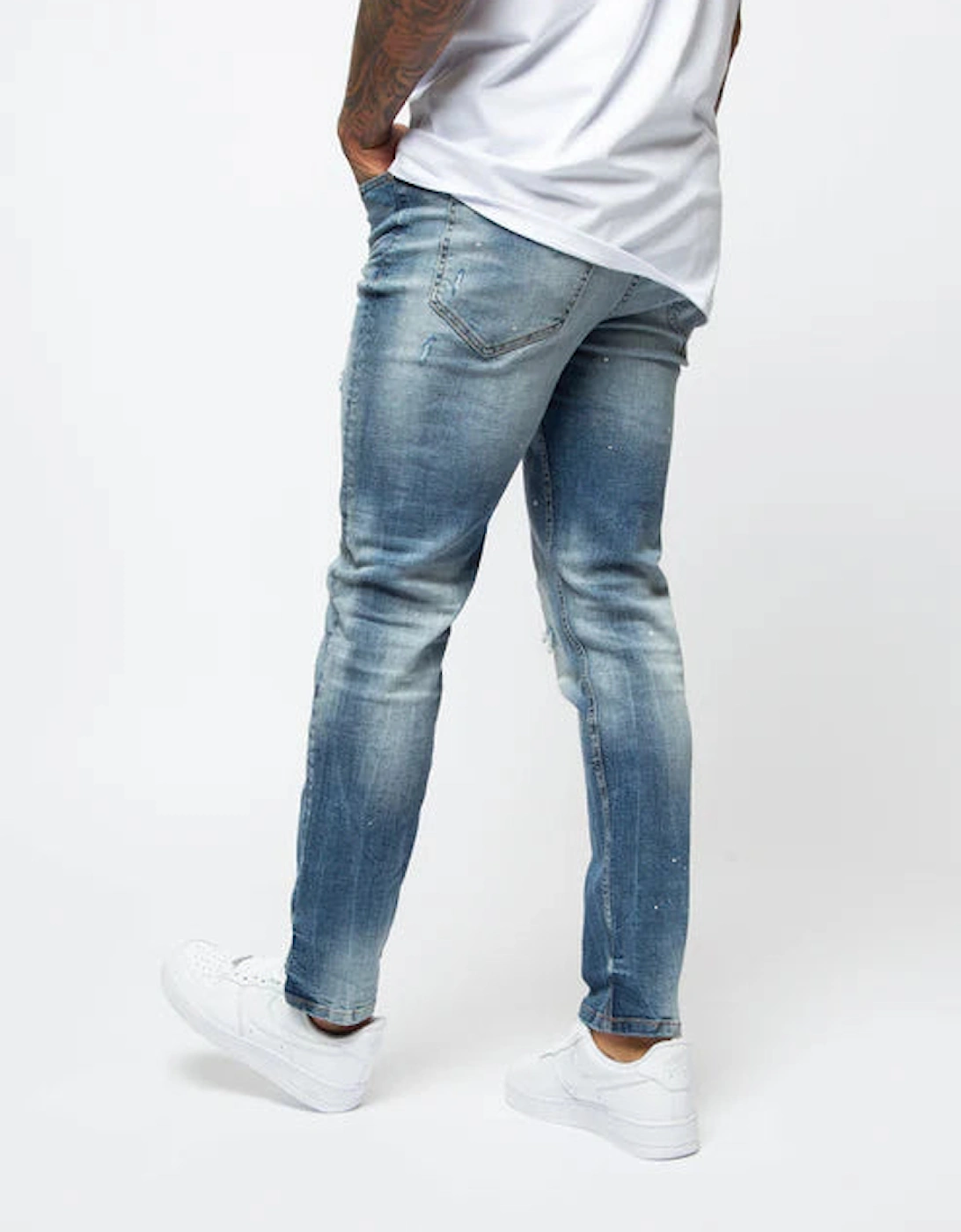 Sopra Ripped & Paint Splattered Jean - Blue Mid Wash