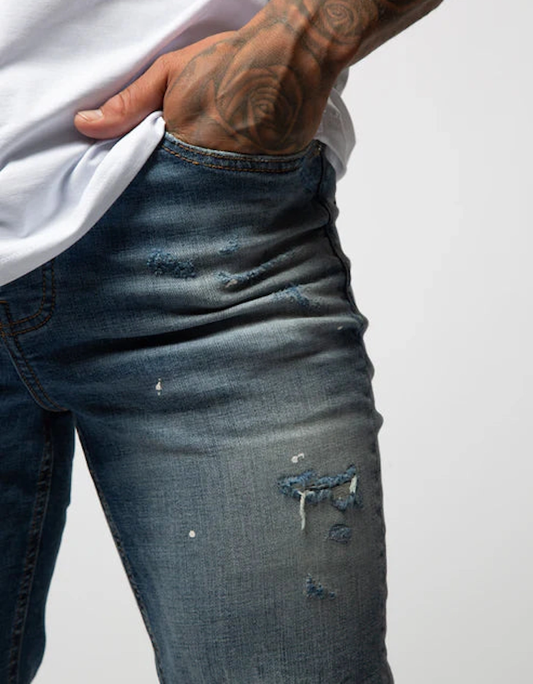 Sopra Ripped & Paint Splattered Jean - Blue Mid Wash