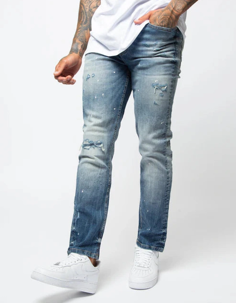 Sopra Ripped & Paint Splattered Jean - Blue Mid Wash