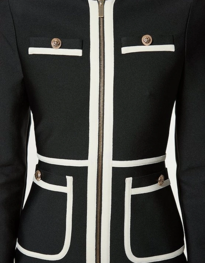 Figure Form Bandage Knit Piping Detail Military Dress