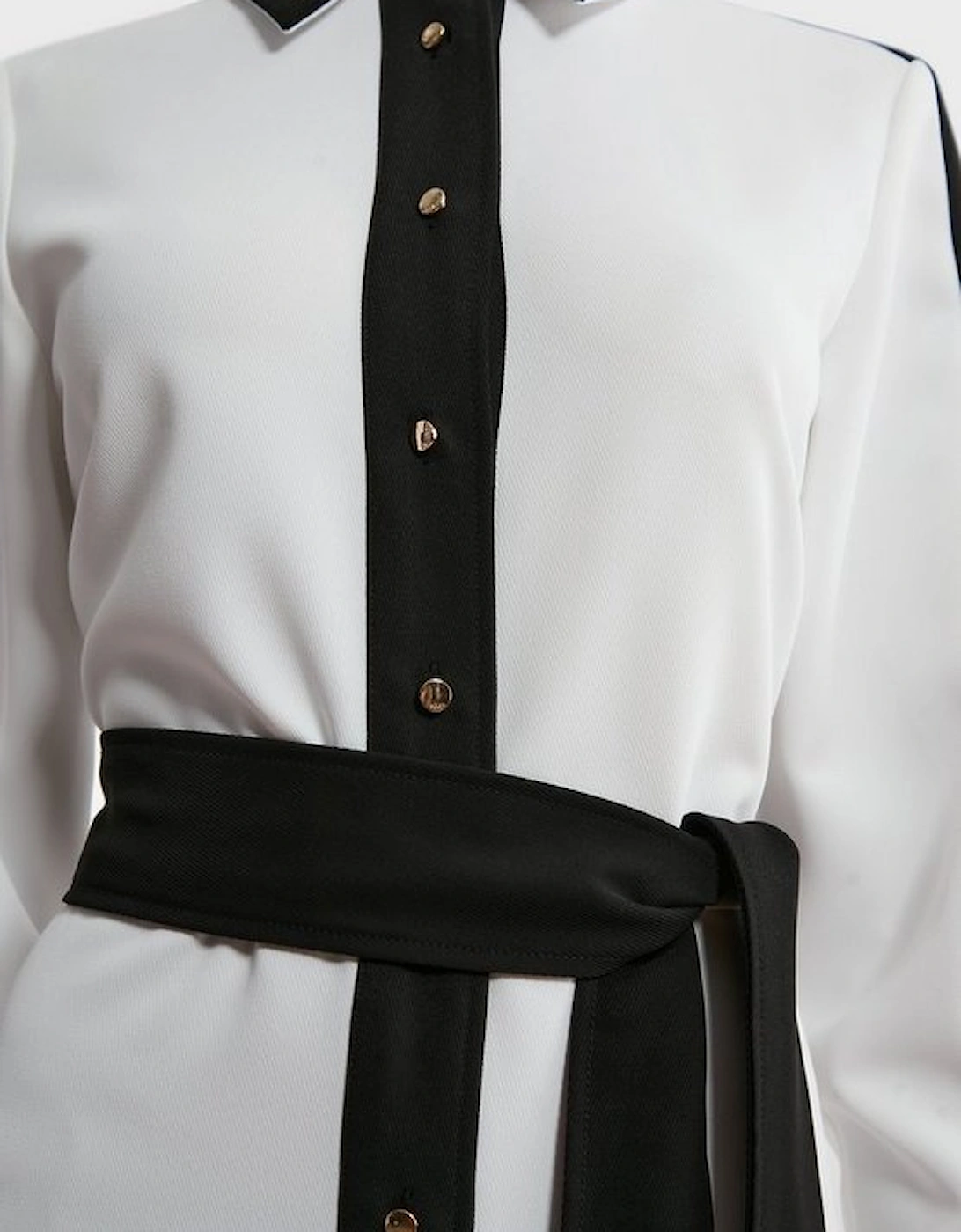 Colour Block Twill Woven Belted Midi Shirt Dress