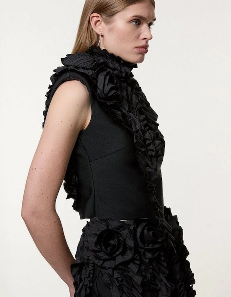 Figure Form Bandage Knit Woven Rosette Detail Top