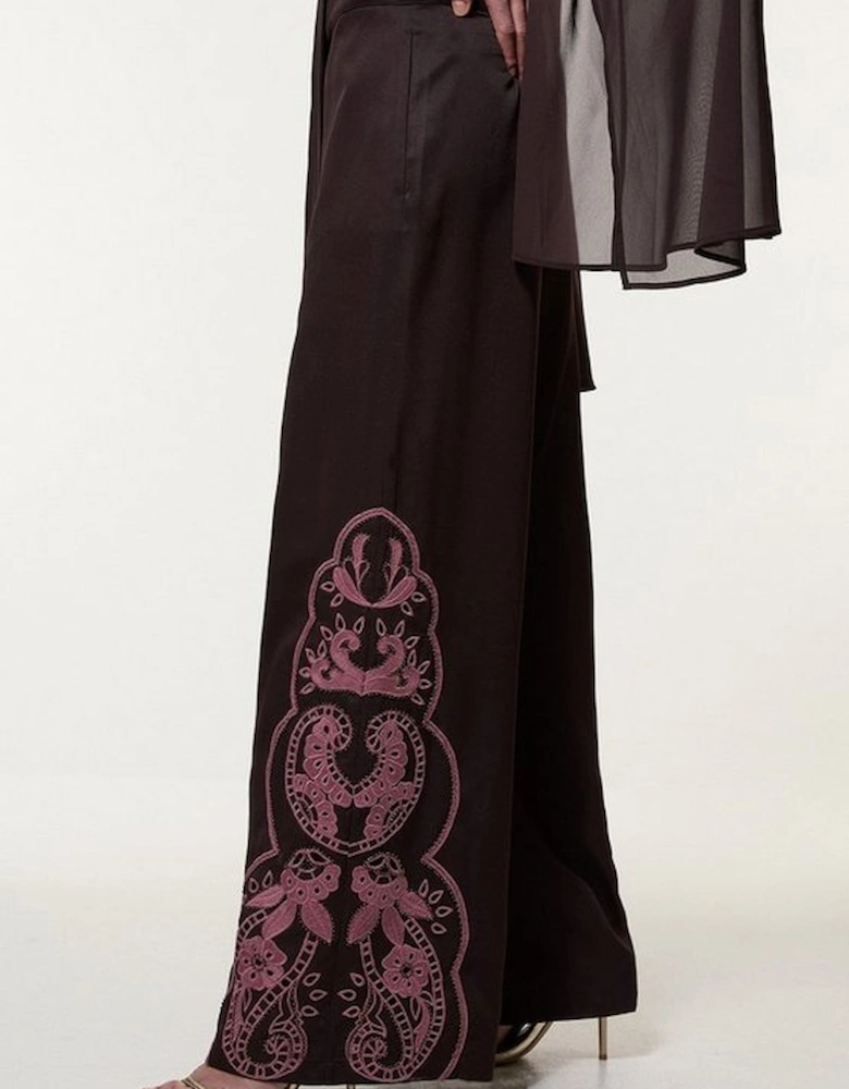 Cutwork Beaded Twill Wide Leg Woven Trouser