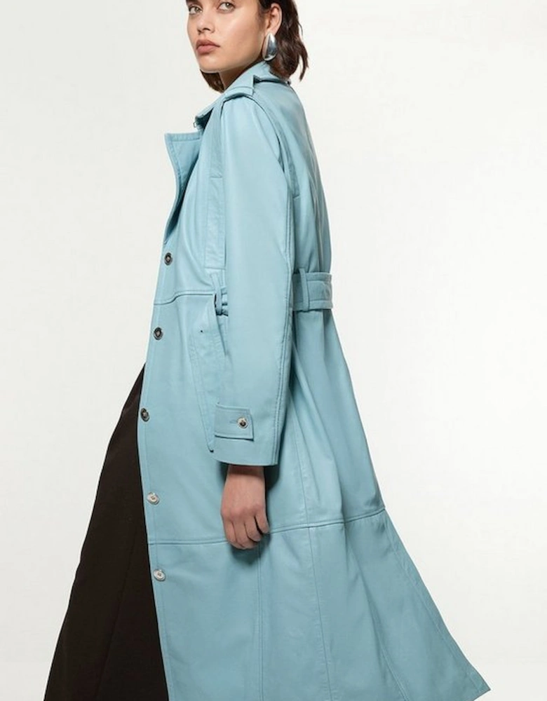 Leather Strong Shoulder Belted Midi Trench Coat