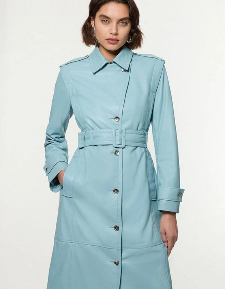 Leather Strong Shoulder Belted Midi Trench Coat