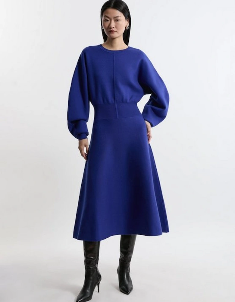 Compact Wool Look Milano Knit Round Sleeve Midi Dress