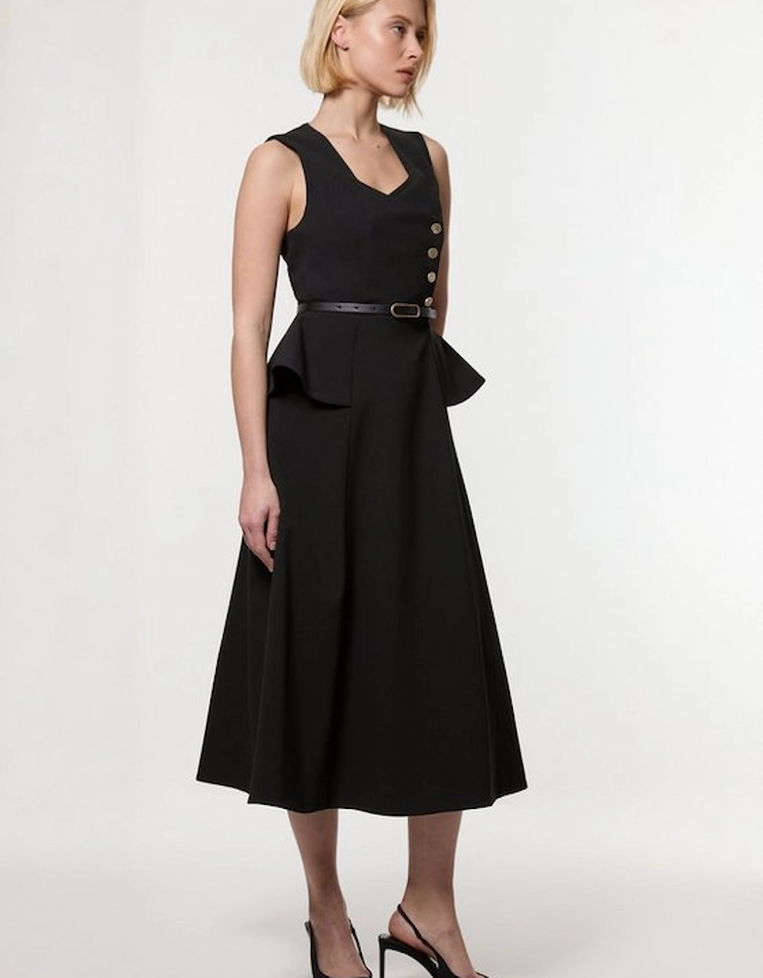 Compact Stretch Belted Peplum Detail Full Skirted Midi Dress, 5 of 4