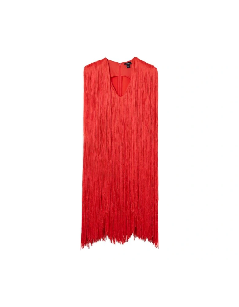 Figure Form Bandage Knit V Neck Fringe Mini Dress