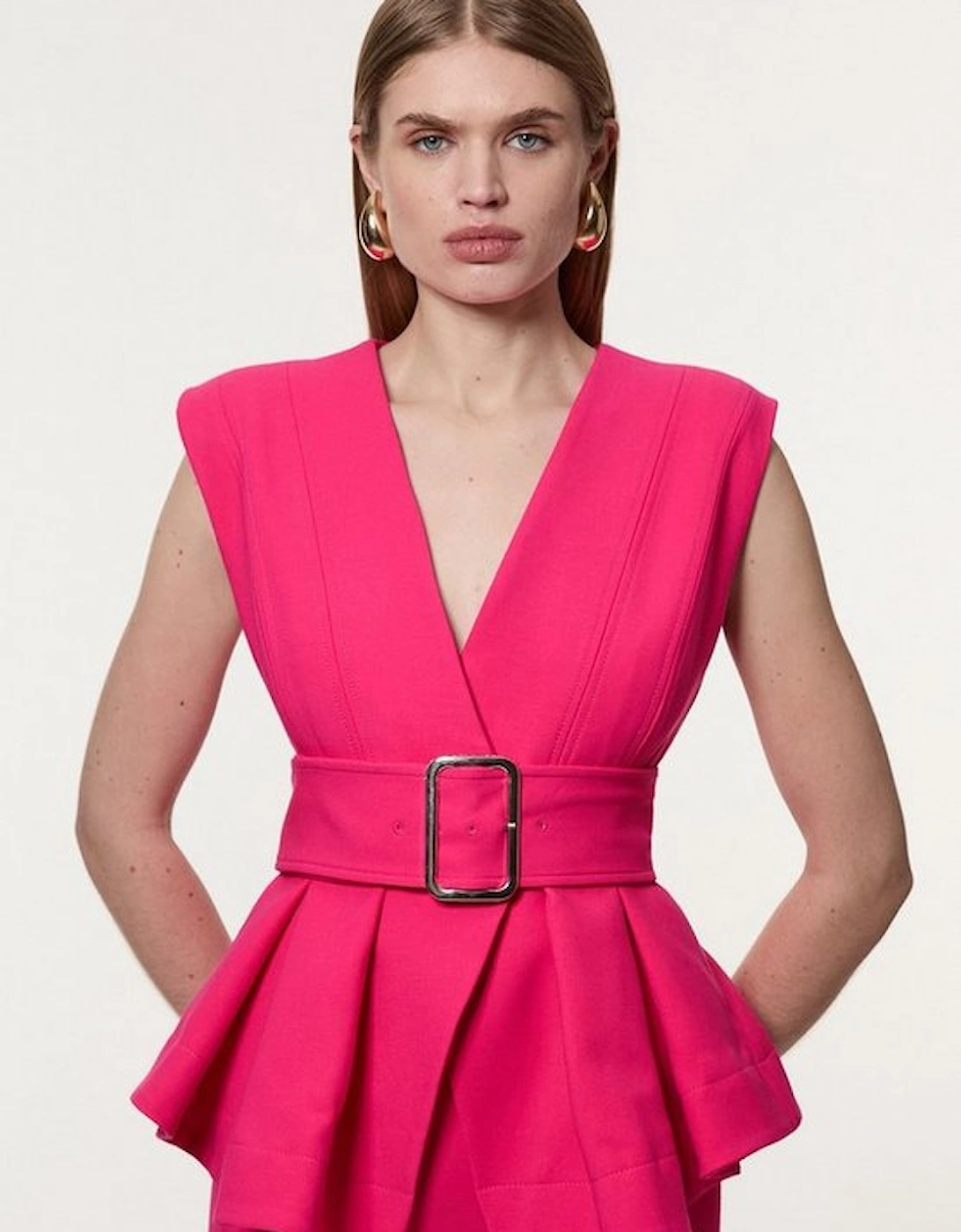 Compact Stretch Belted  Peplum Tailored Maxi Dress