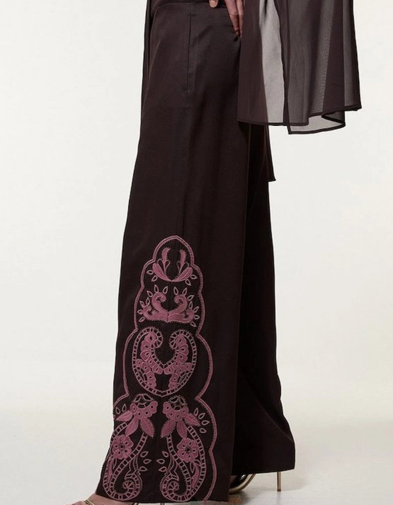 Tall Cutwork Beaded Twill Wide Leg Woven Trouser