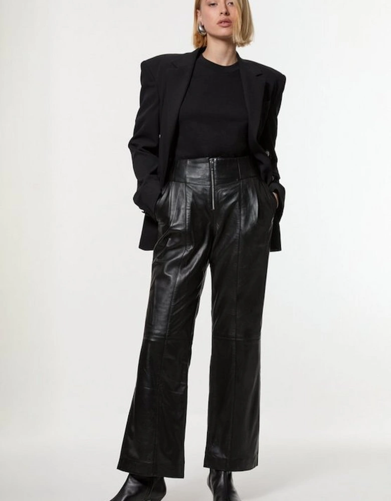 Leather Zip Detail High Waist Trousers