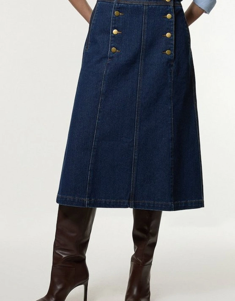 Denim Button Front A Line Midi Skirt