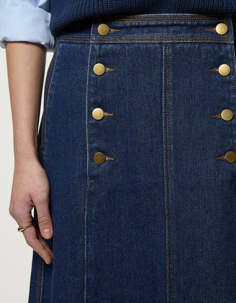 Denim Button Front A Line Midi Skirt