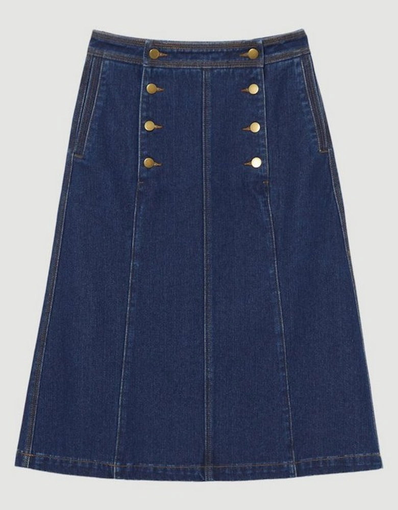 Denim Button Front A Line Midi Skirt