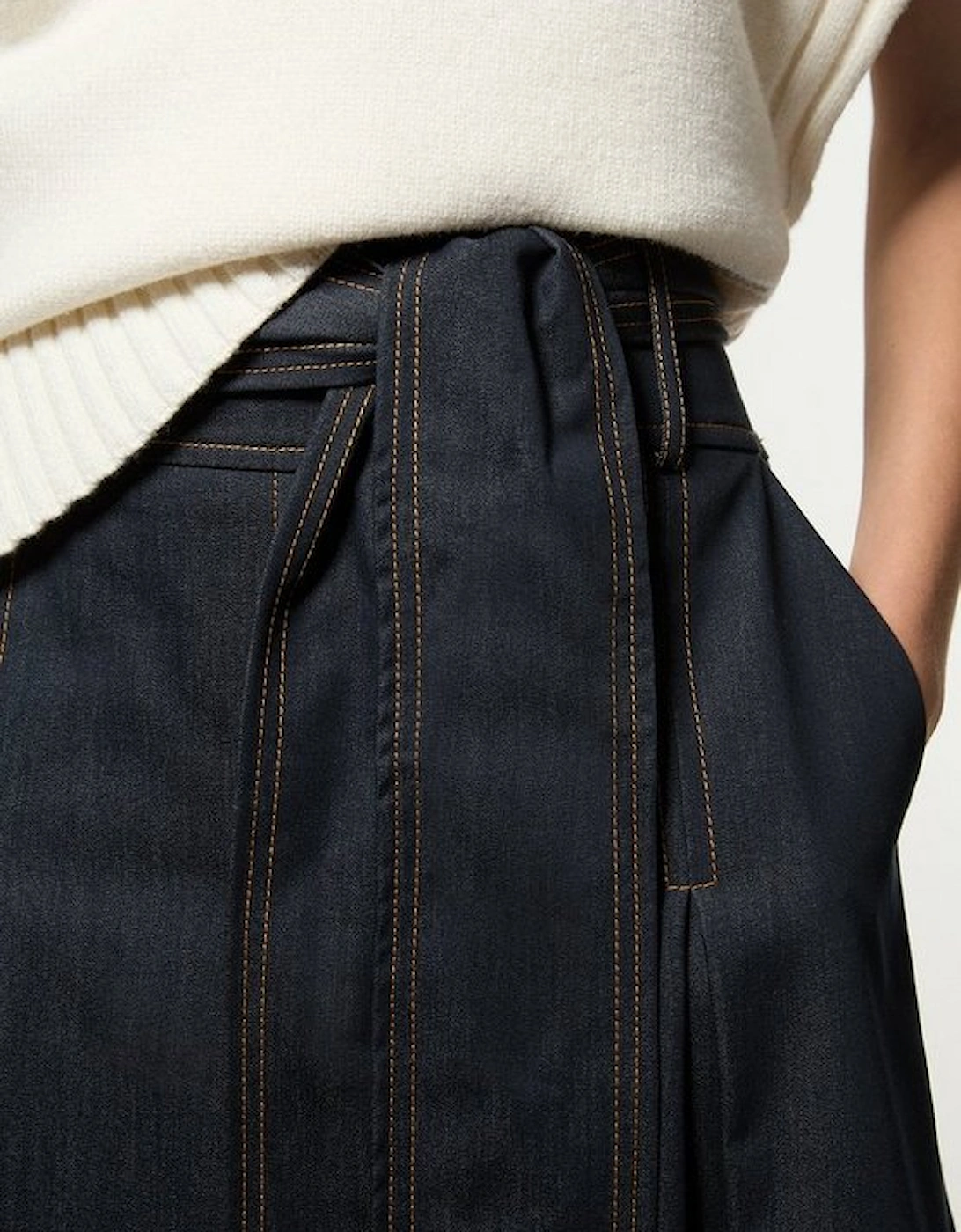 Tailored Denim Full Skirted Belted Midaxi Skirt