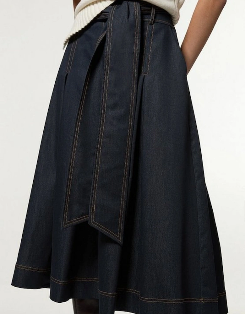 Tailored Denim Full Skirted Belted Midaxi Skirt