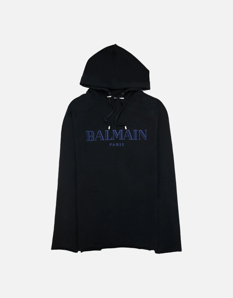 Paris Flocked Blue Printed Hoodie in Black