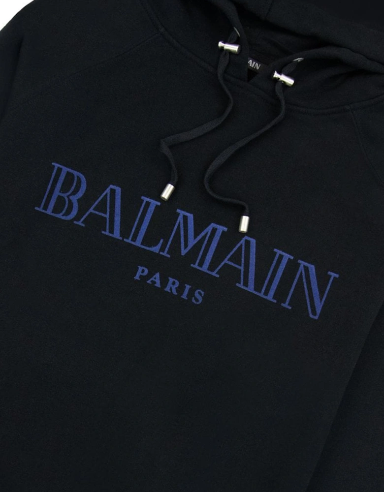 Paris Flocked Blue Printed Hoodie in Black