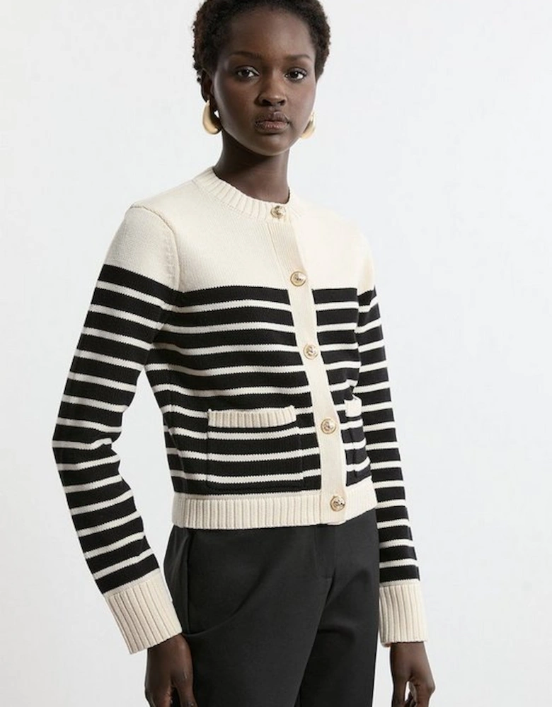 Cotton Cropped Knit Boxy Striped Cardigan