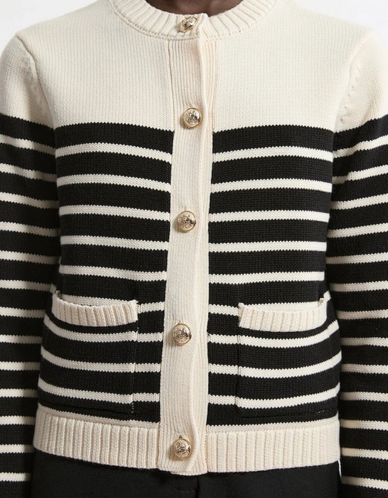 Cotton Cropped Knit Boxy Striped Cardigan