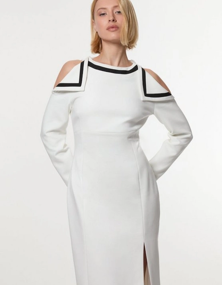 Compact Stretch Contrast Tipped Bardot Tailored Midi Dress