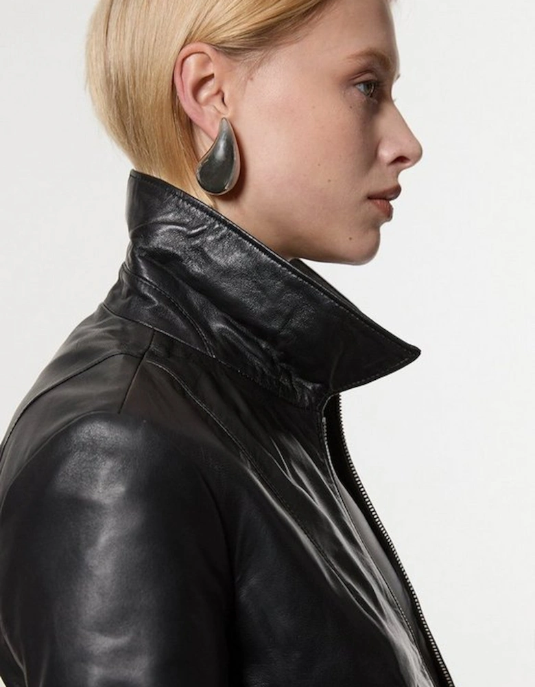 Leather Collared Zip Through Tailored Jacket