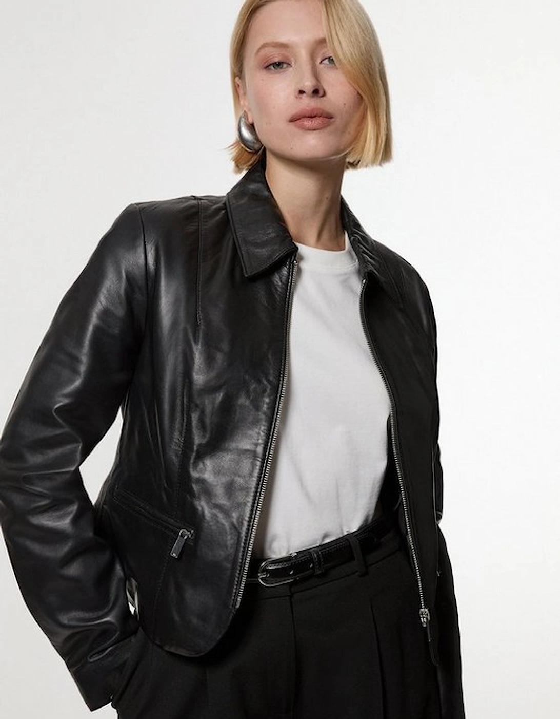 Leather Collared Zip Through Tailored Jacket