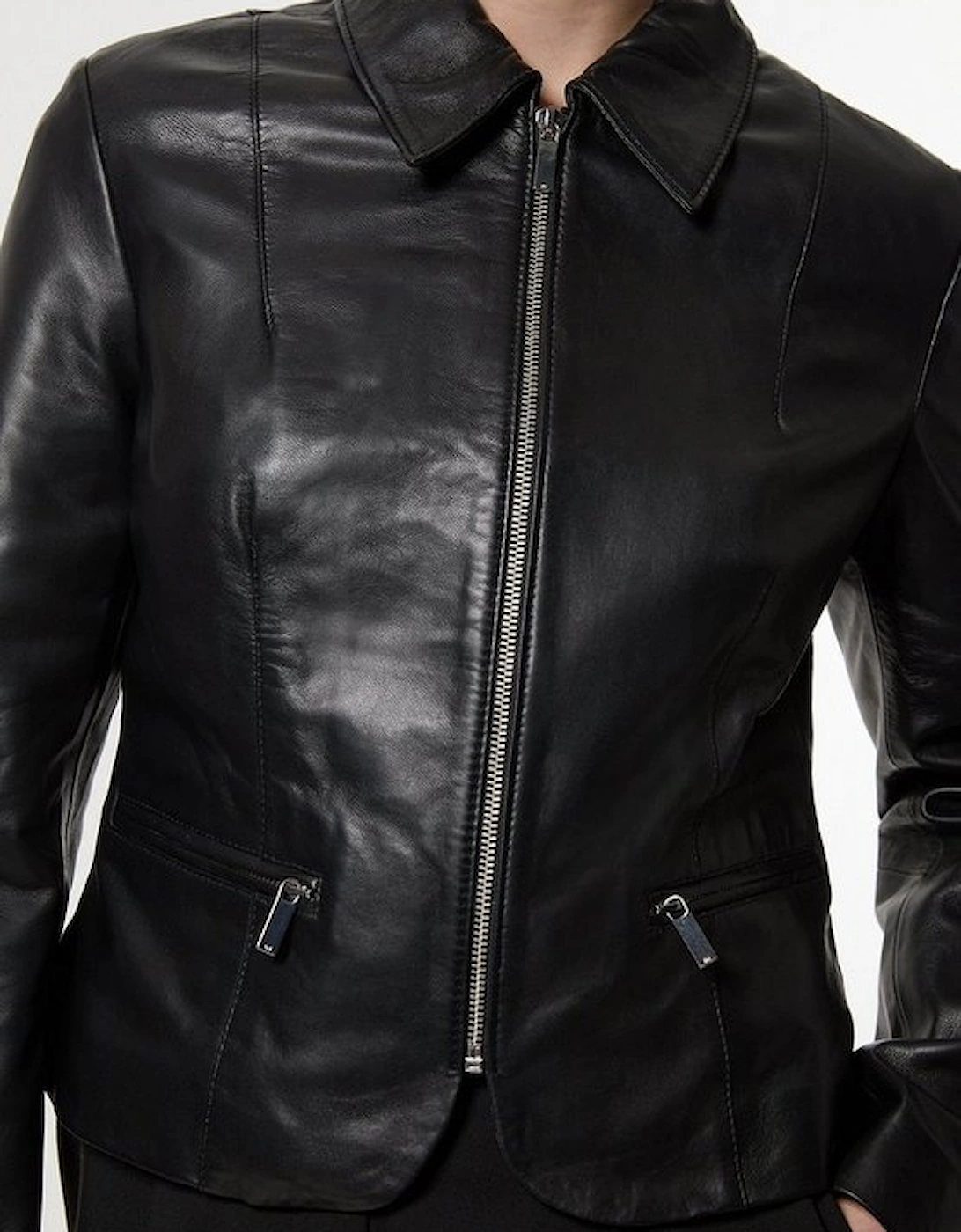 Leather Collared Zip Through Tailored Jacket