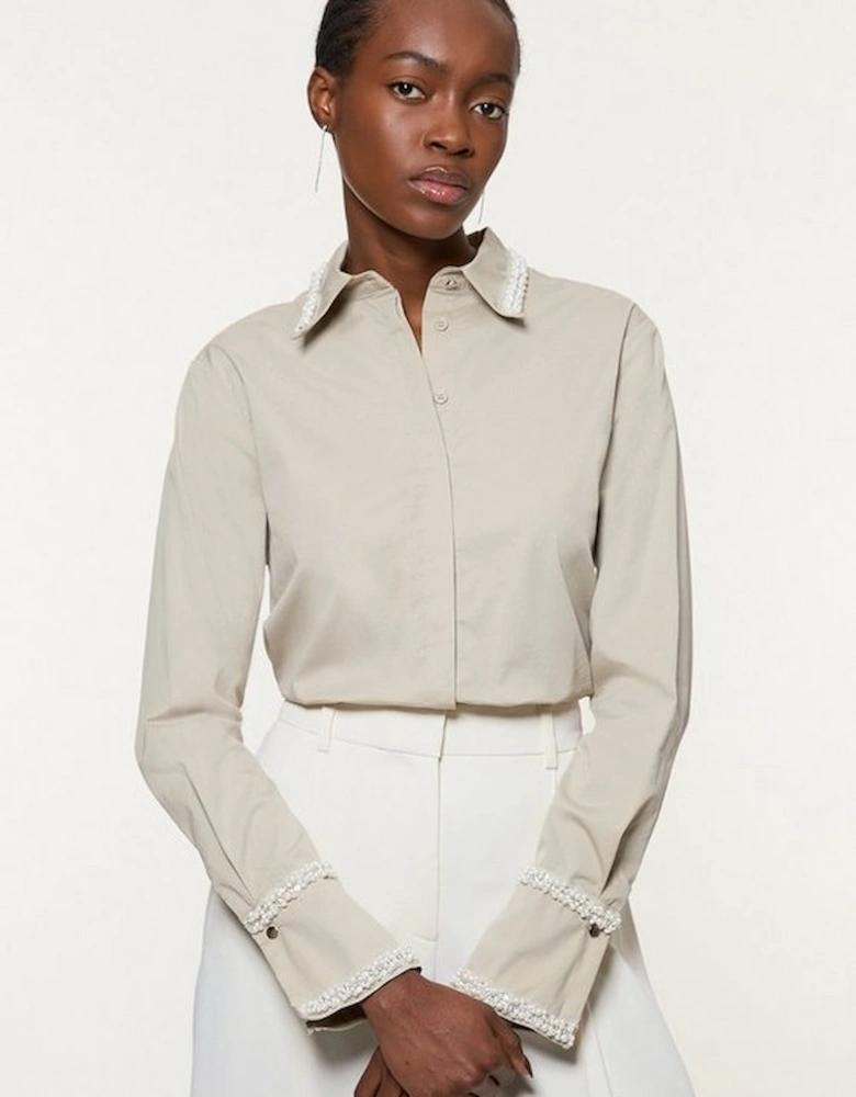 Pearl Trim Cotton Woven Shirt