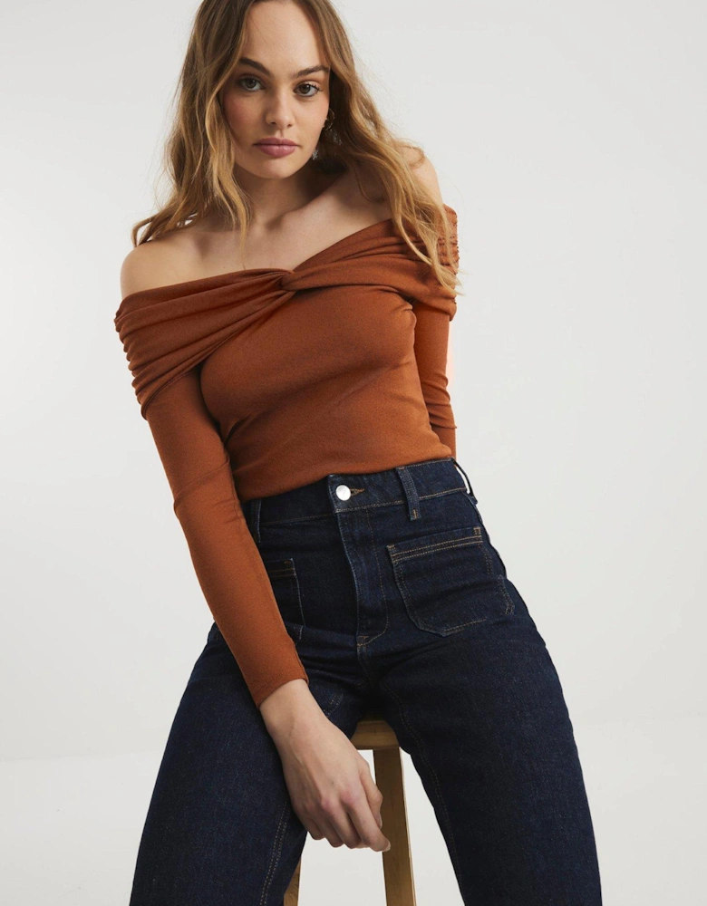 Ruched Bardot Top - Brown