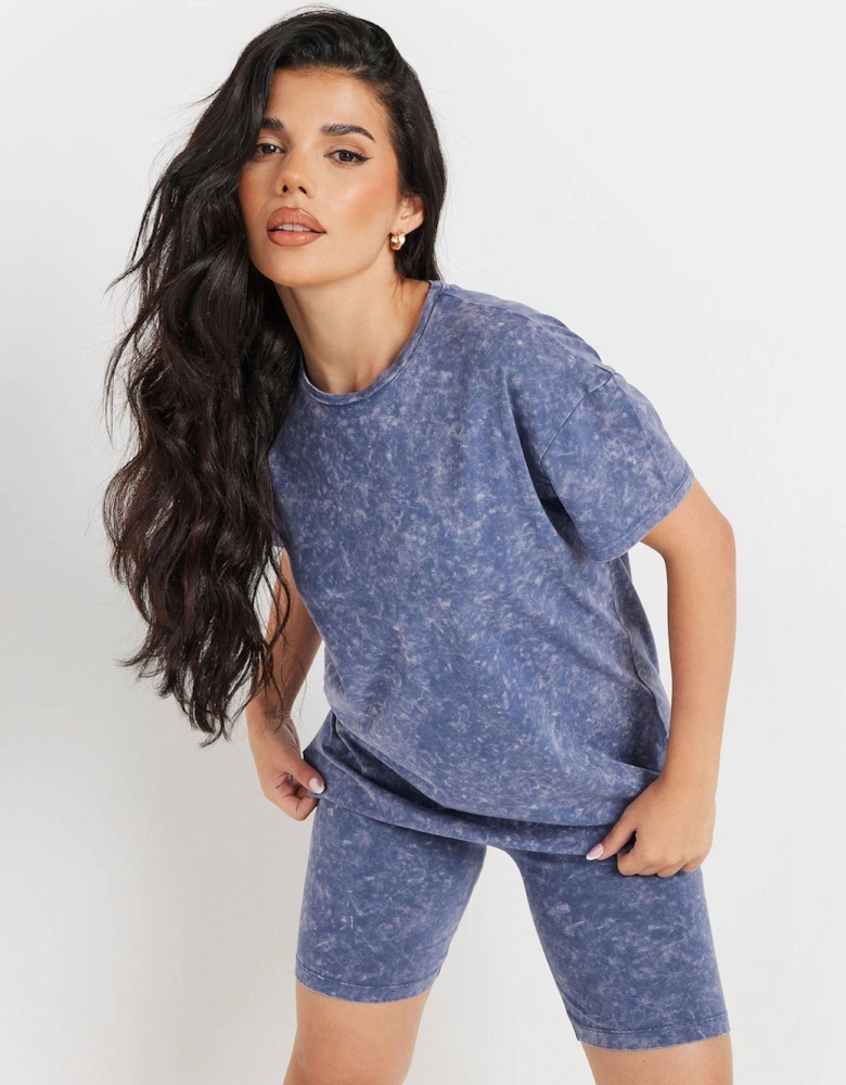 Petite Acid Wash T Shirt & Short Set - Blue