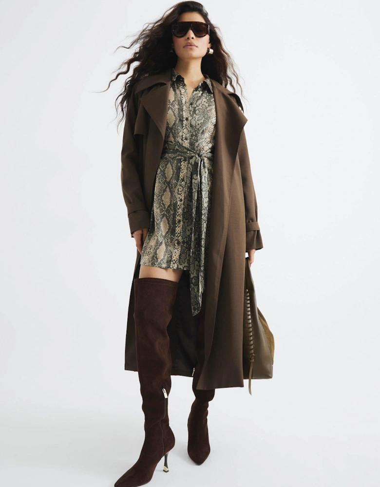 Tie Front Snake Print Shirt Dress - Brown