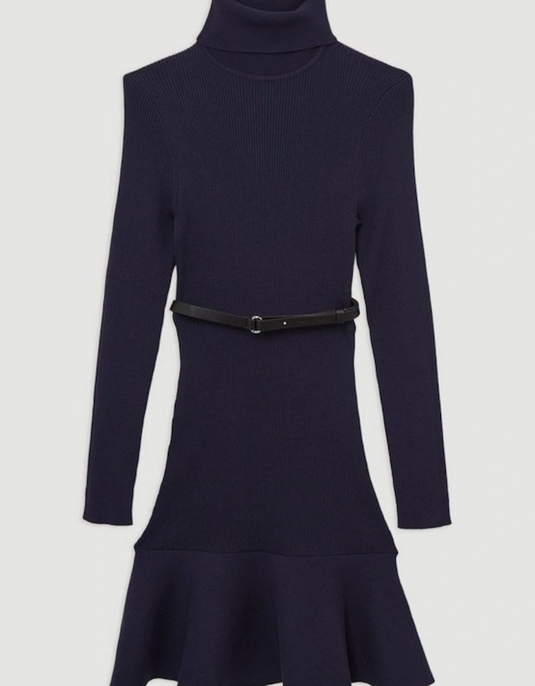 Viscose Blend Knit Roll Neck Belted Flippy Hem Mini Dress