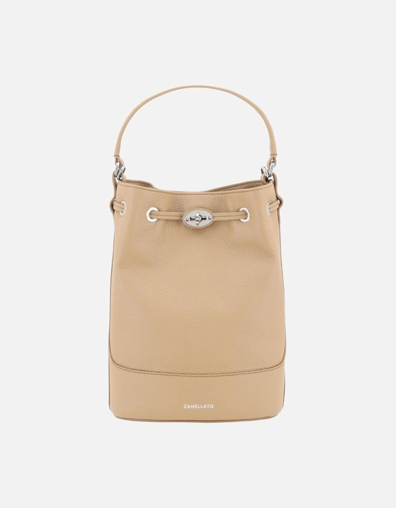 Leather Monda Bucket Bag with Drawstring Closure Women - Beige